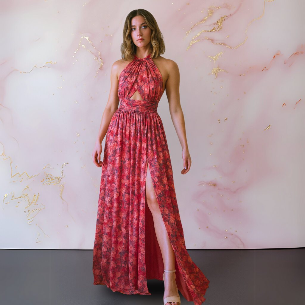 Sleeveless Halter Backless Front-Slit Maxi Dress