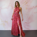 Sleeveless Halter Backless Front-Slit Maxi Dress