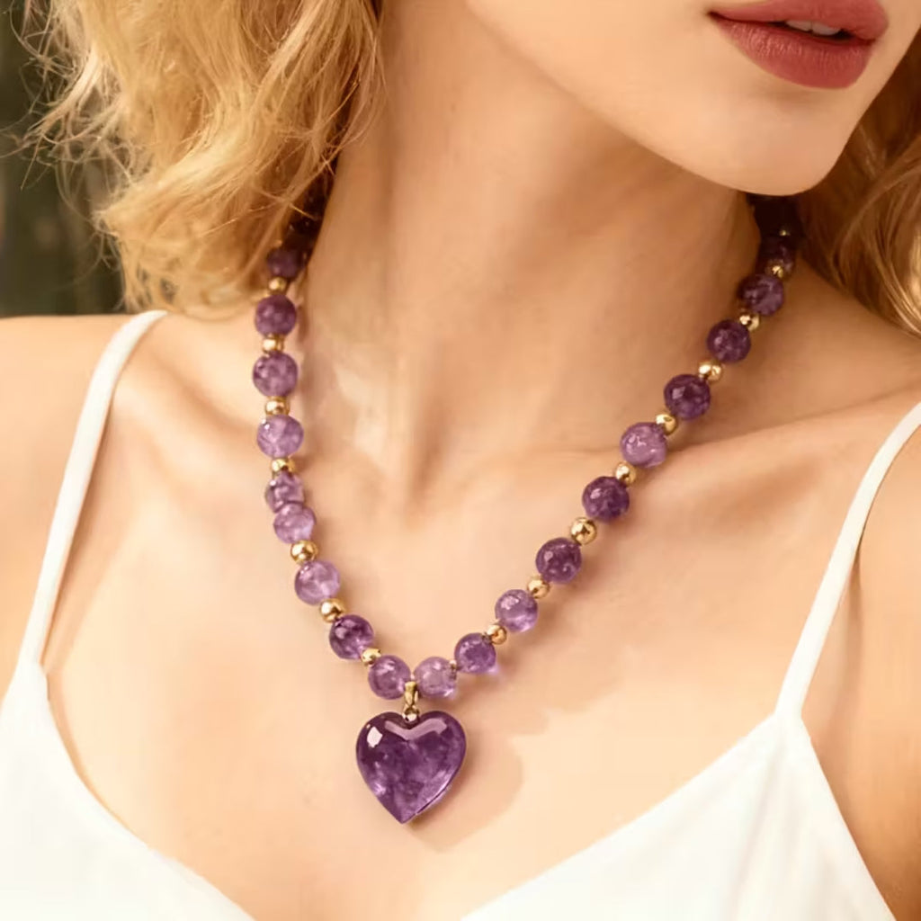 Amethyst Heart Beaded Necklace