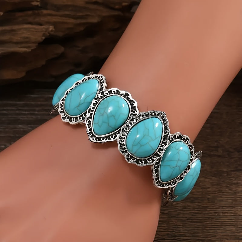 Vintage-Style Oval Turquoise Silver-Plated Statement Bracelet