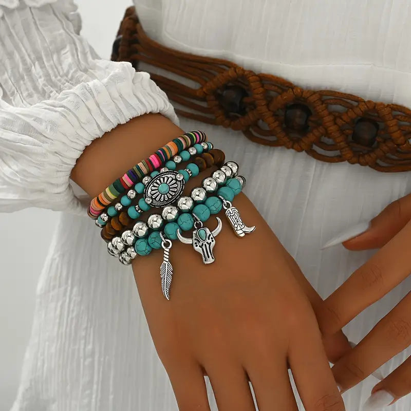 Boho Western Layered Bracelet Set with Turquoise, Silver and Wood
