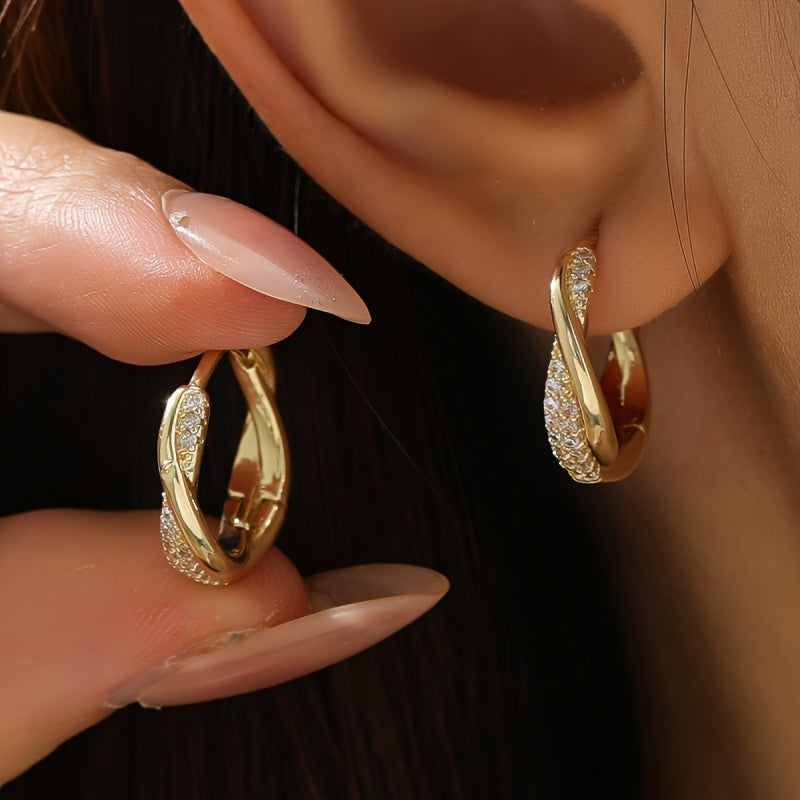 Twisted Gold-Tone Hoop Earrings with Pavé Crystal Accents