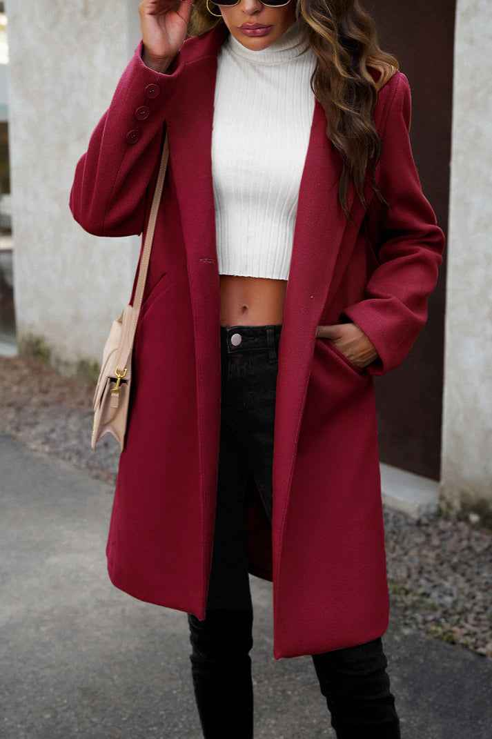 Solid Colour Longline Coat with Notched Collar and Buttons