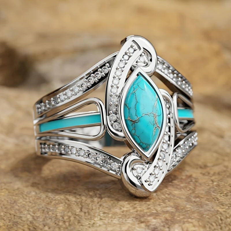 Bohemian White Gold-Plated Turquoise Ring