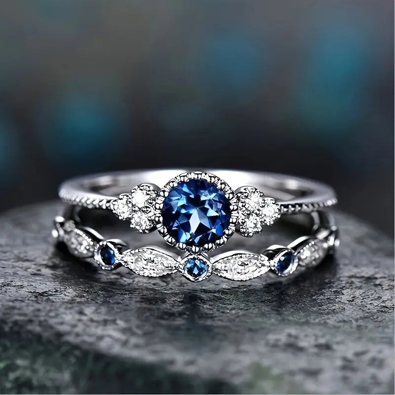 Stacking Ring Set with Blue Round Stone and Crystal Bands