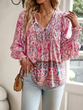 Floral Cotton Blouse with V-Neck Tie Detail