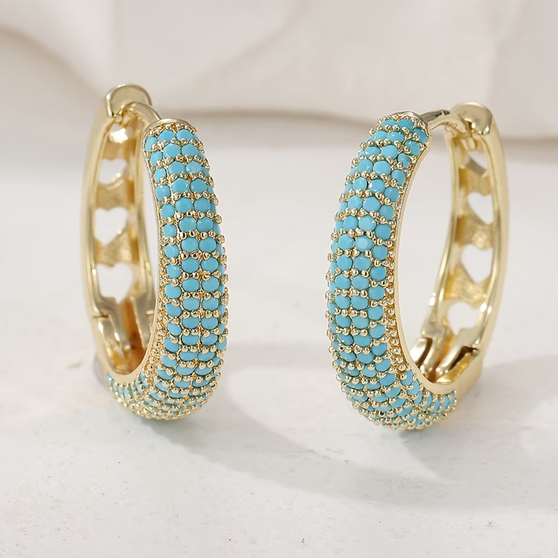 Turquoise-Look Pavé Hoop Earrings in Gold Tone