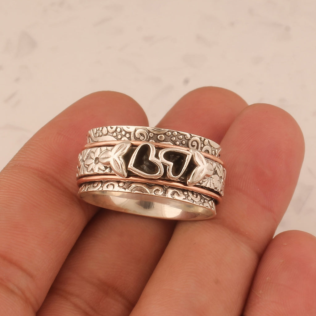 Vintage-Style Butterfly Heart Silver-Plated Spinner Ring