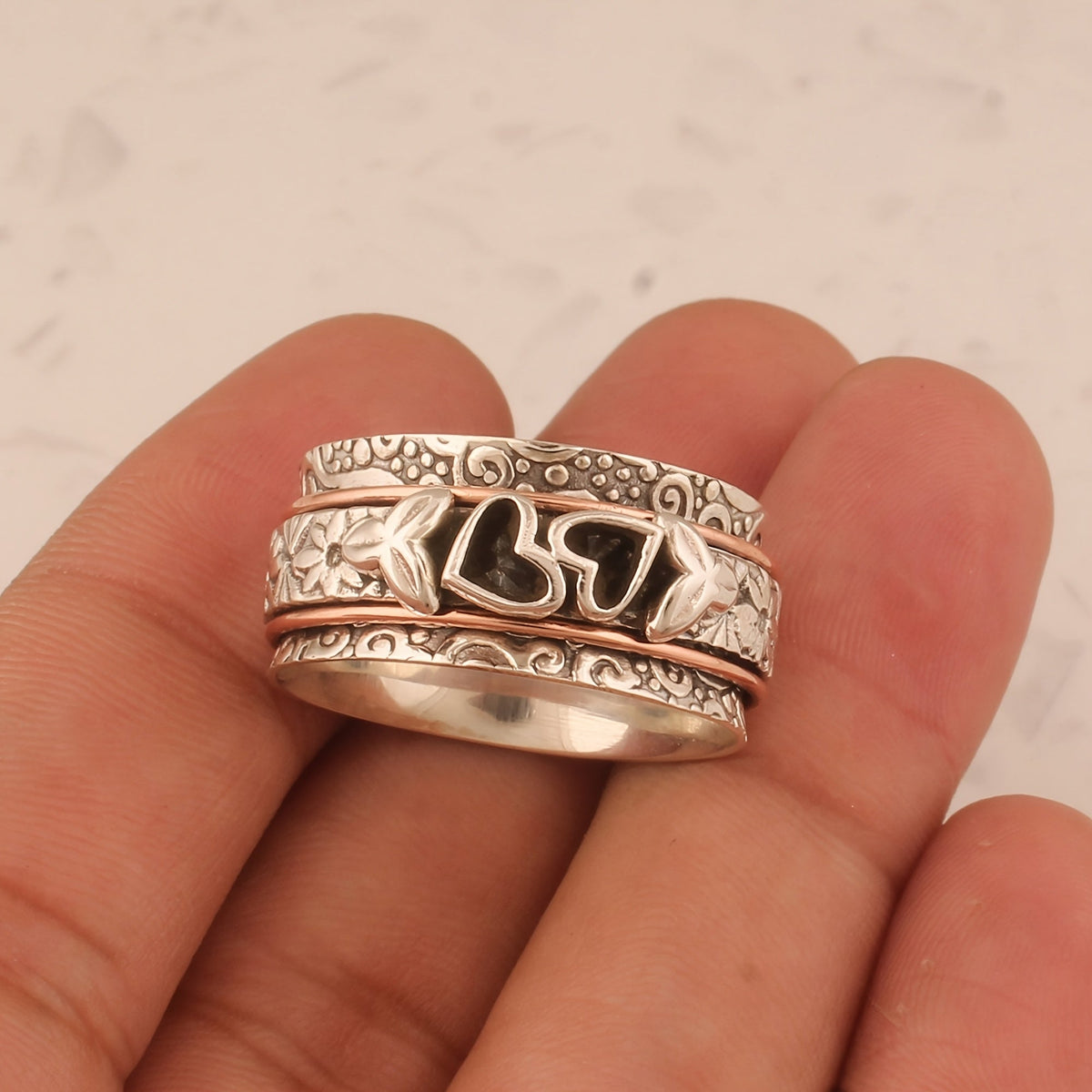 Vintage-Style Butterfly Heart Silver-Plated Spinner Ring