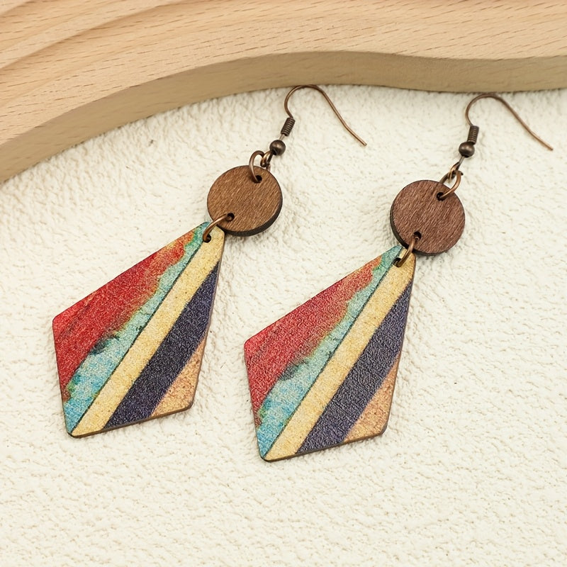 Bohemian Striped Wooden Inlay Drop Earrings