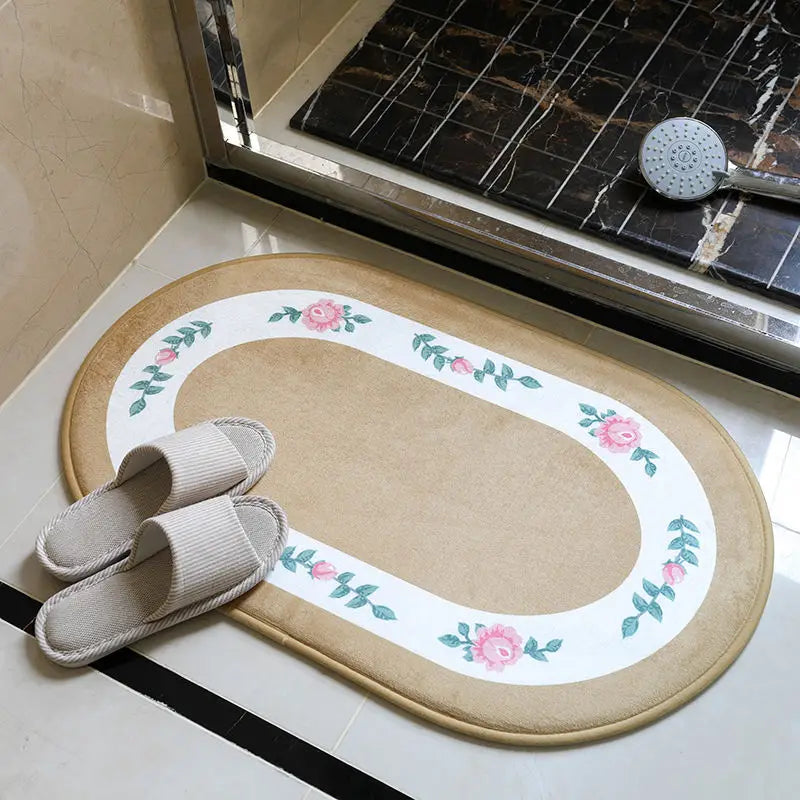 Pastoral Floral Polyester Bathroom Mat – Absorbent, Non-Slip, Oval, 40x60cm