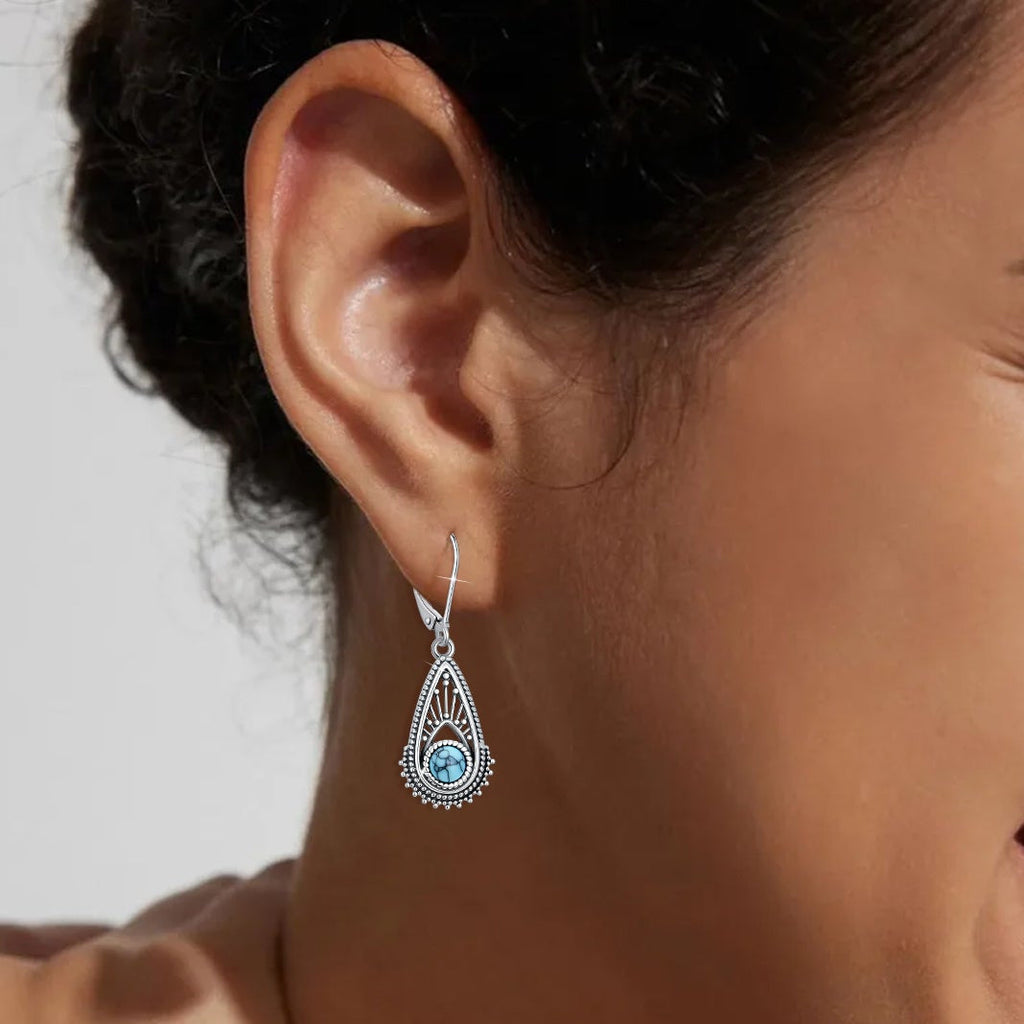 Bohemian Silver-Plated Filigree Teardrop Turquoise Earrings