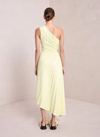 One-Shoulder Pleated Asymmetric Hem Maxi Dress