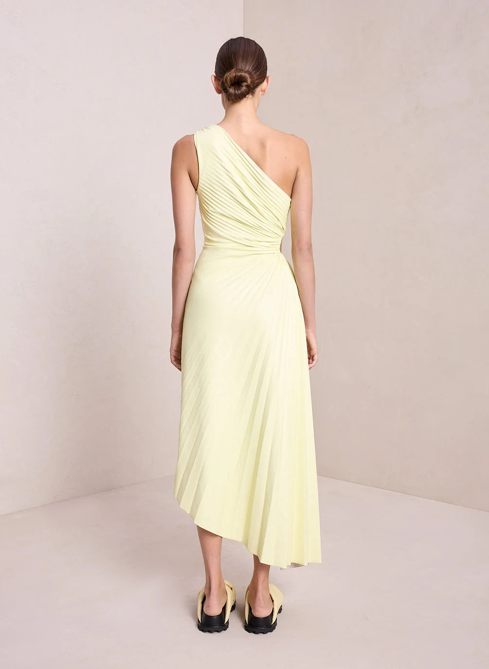One-Shoulder Pleated Asymmetric Hem Maxi Dress