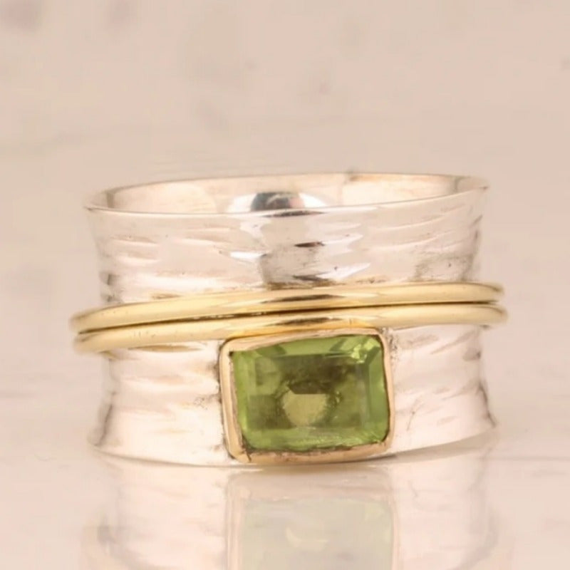 Vintage-Style Hammered Two-Tone Peridot-Look Ring