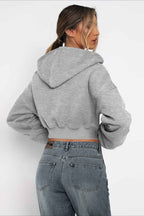 Cropped Zip Through Hoodie with Relaxed Fit and Long Sleeves
