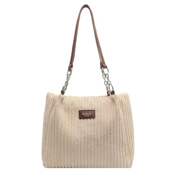 Corduroy Shoulder Tote Bag with Zip Closure