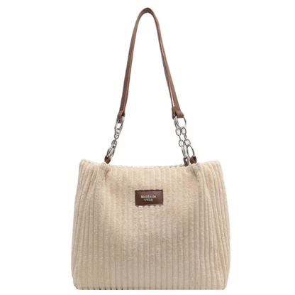 Corduroy Shoulder Tote Bag with Zip Closure