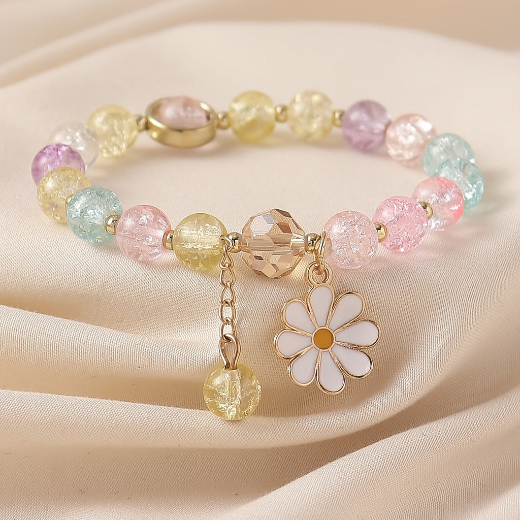 Crackle-glazen kralenarmband met madeliefjeshanger