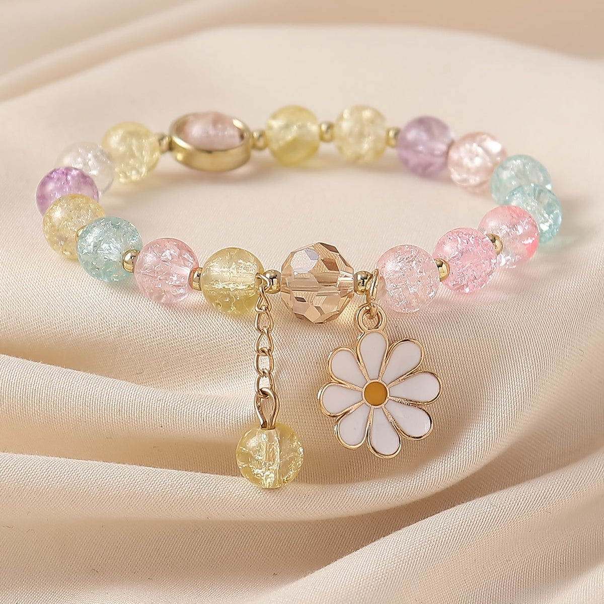 Crackle Glass Bead Bracelet with Daisy Pendant