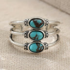 Vintage-Style Boho Triple Turquoise Silver-Tone Ring