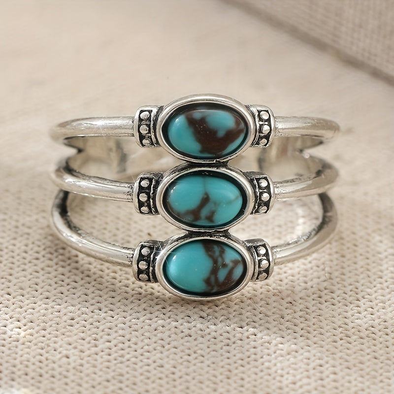 Vintage-Style Boho Triple Turquoise Silver-Tone Ring