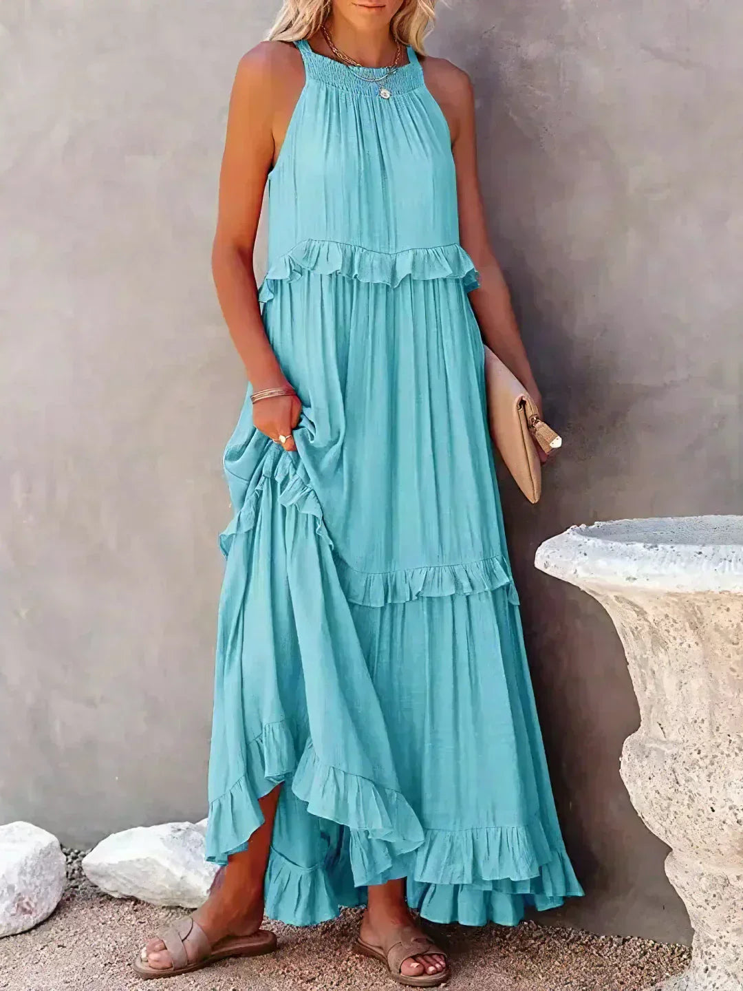 Sleeveless Halter Tiered Ruffle Maxi Dress