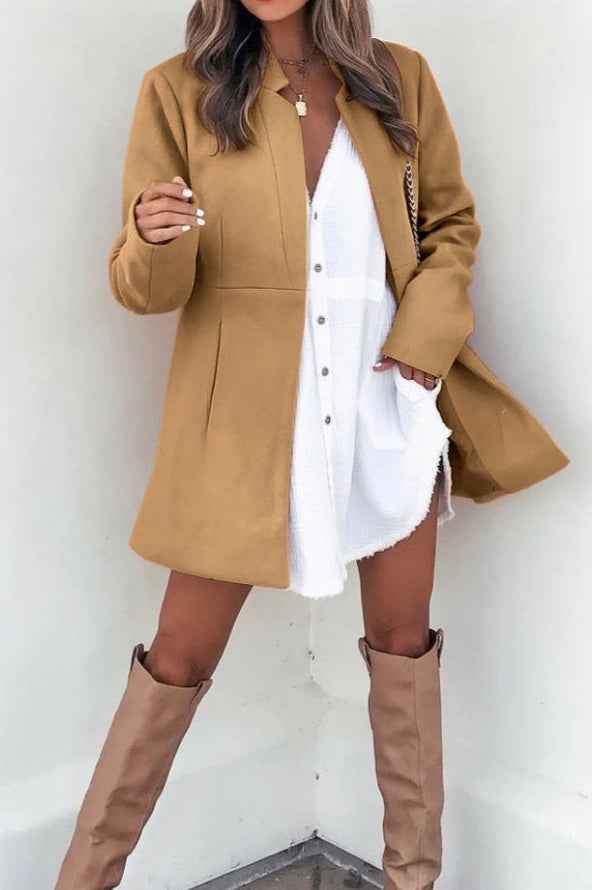 Longline Cotton Coat with a Stand Collar and Slim Cut