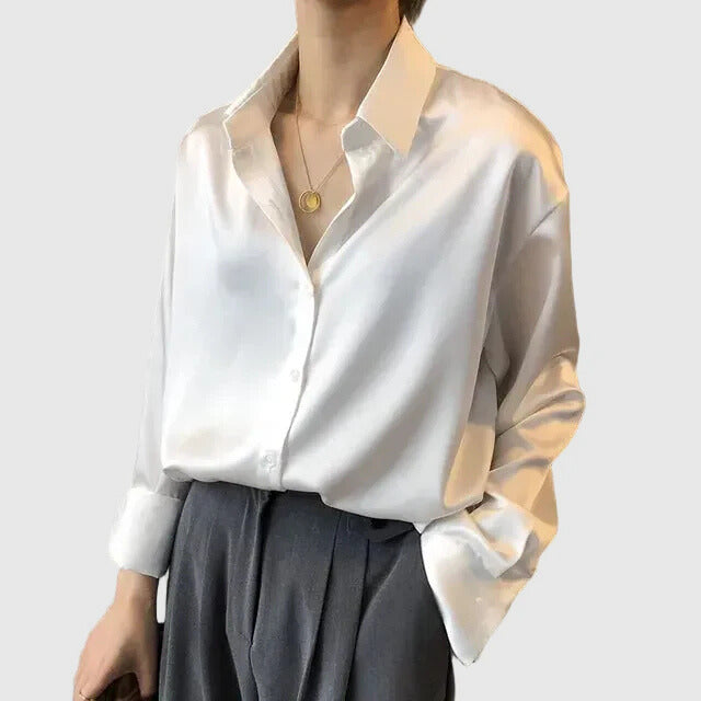 Satin Long Sleeve Button-Down Blouse