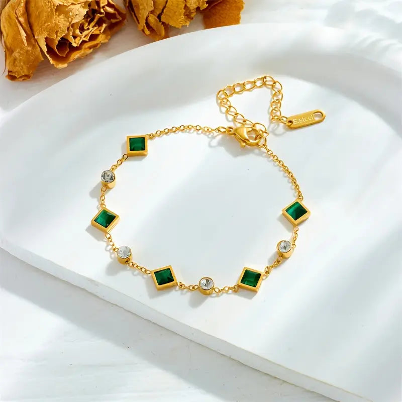 Gold-Tone Chain Bracelet with Green Stone Stations