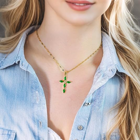 Emerald-Look Cross Necklace in Gold Tone