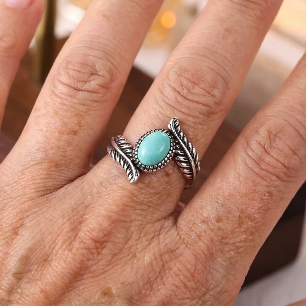 Vintage sterling zilveren bladring met turquoise