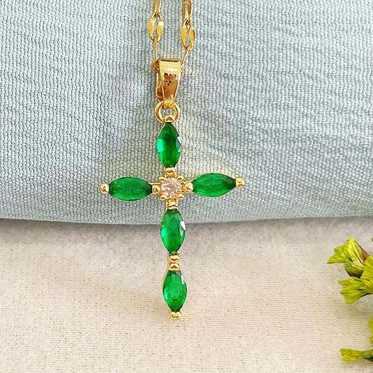 Emerald-Look Cross Necklace in Gold Tone
