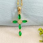 Emerald-Look Cross Necklace in Gold Tone
