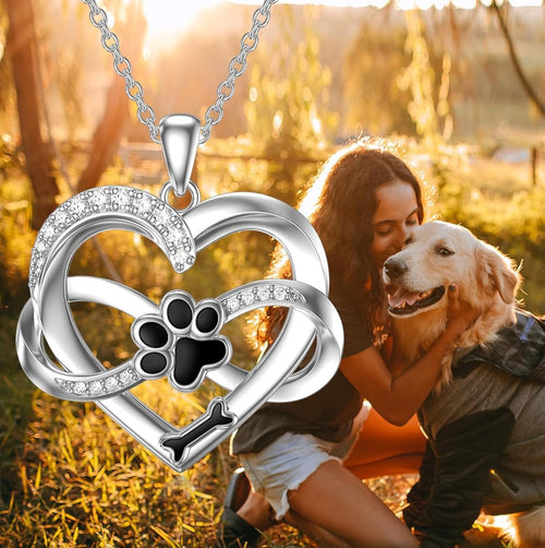925 Sterling Silver Infinity Heart and Paw Necklace with Zirconia