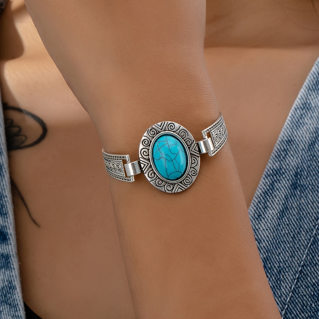 Vintage-Style Silver-Tone Bracelet with Turquoise-Look Accent