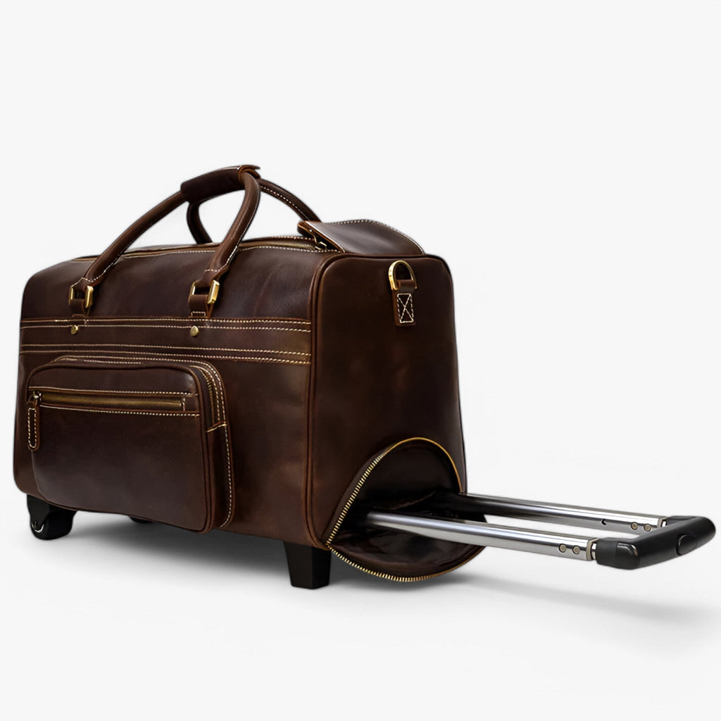 Genuine Leather Rolling Travel Trolley with Laptop Section