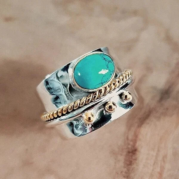 Wide Two-Tone Band Ring with Round Turquoise-Look Stone
