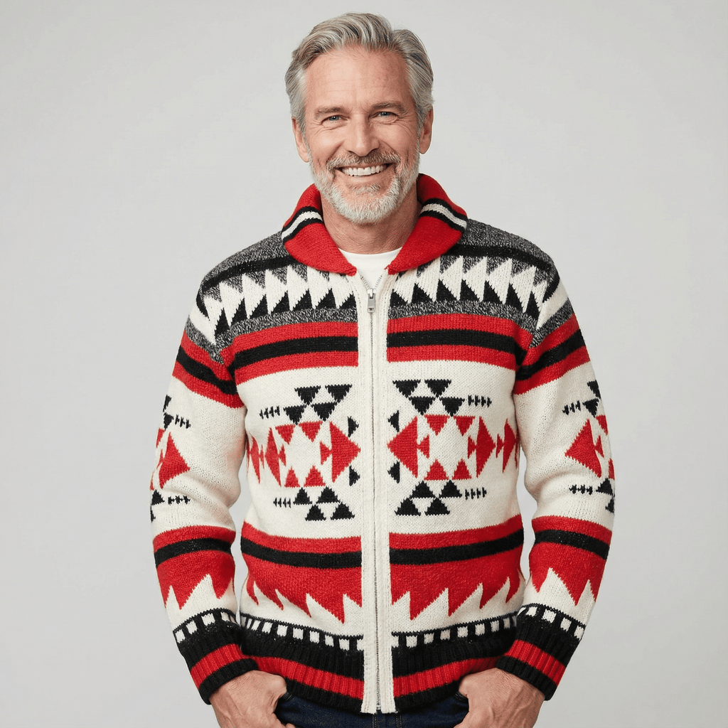 Geometric Pattern Knit Cardigan with Full-Length Zip