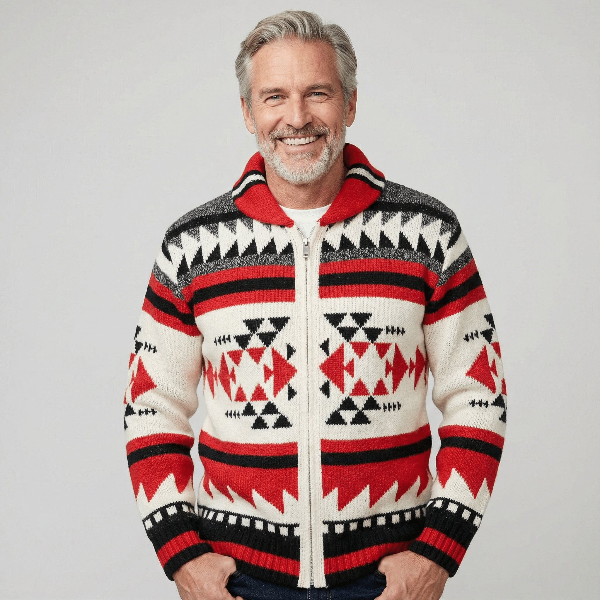 Geometric Pattern Knit Cardigan with Full-Length Zip