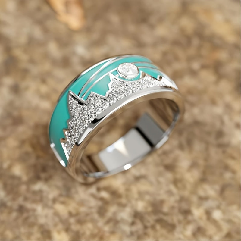 Bohemian Zirconia Inlaid Enamel Mountain and Sun Ring