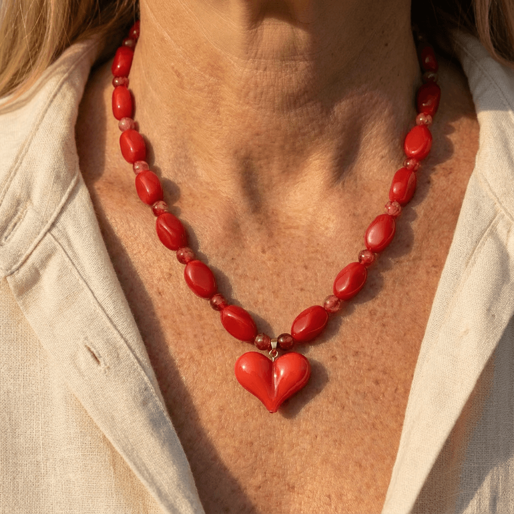 Ketting met hartvormige hanger van rode glaskralen