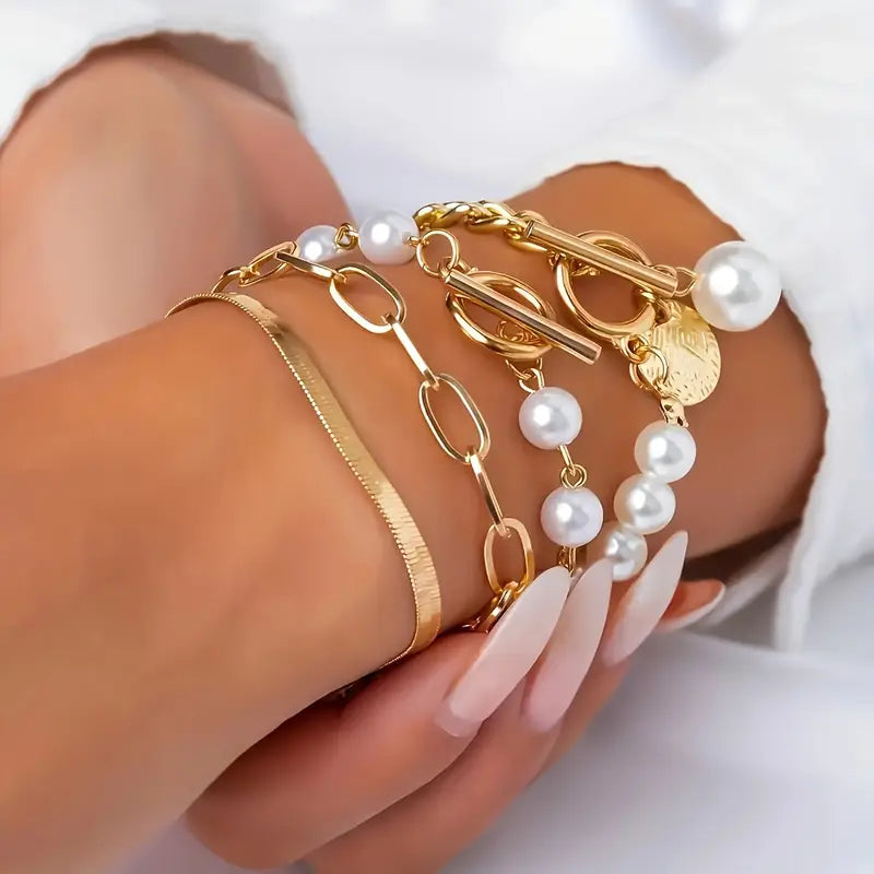 Four-Piece Gold-Tone Bracelet Set with Snake, Pearl and Link Chains