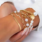Four-Piece Gold-Tone Bracelet Set with Snake, Pearl and Link Chains