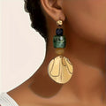 Shell Disc and Green Stone Statement Drop Earrings