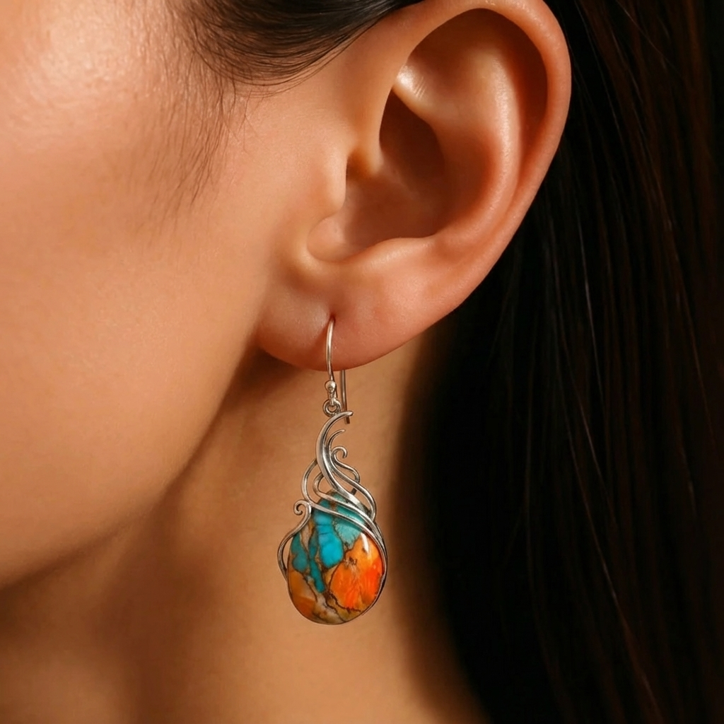 Turquoise-Look and Orange Stone Swirl Drop Earrings