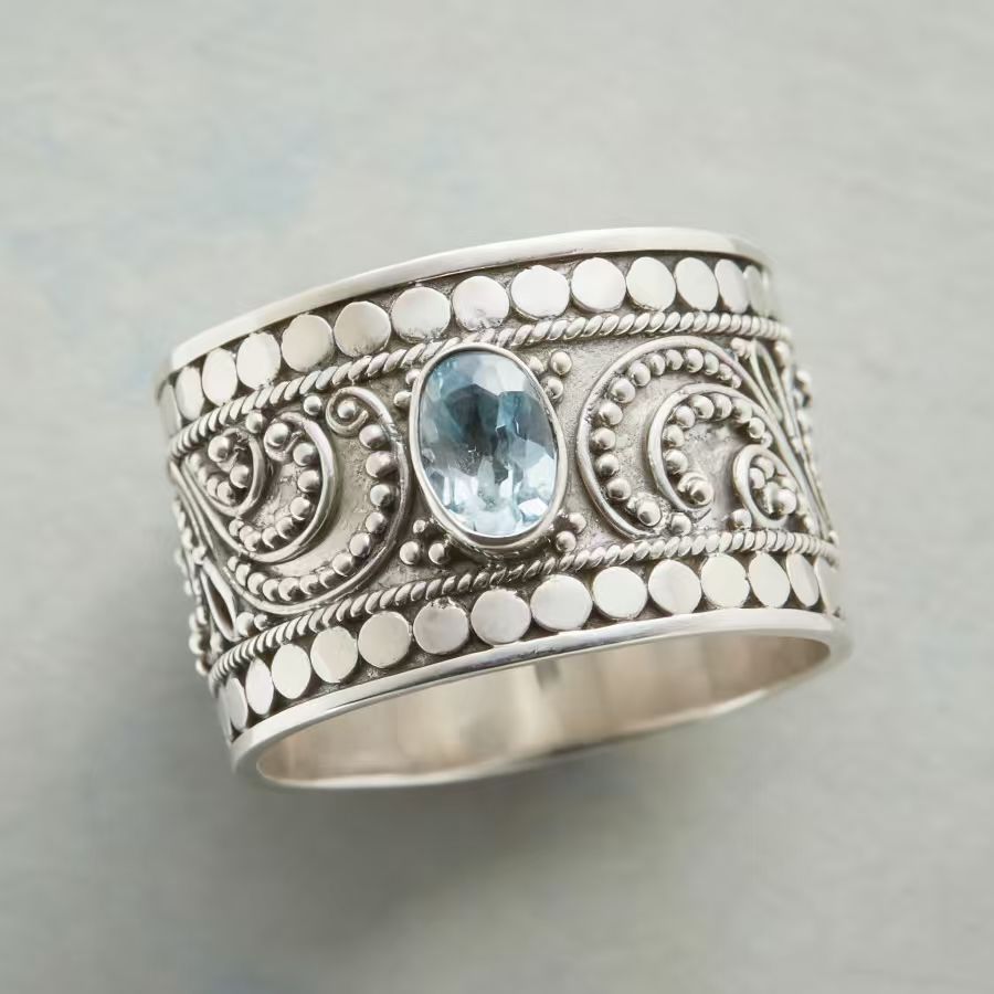 Vintage-Style Ocean Blue Round Cubic Zirconia Wide Band Ring