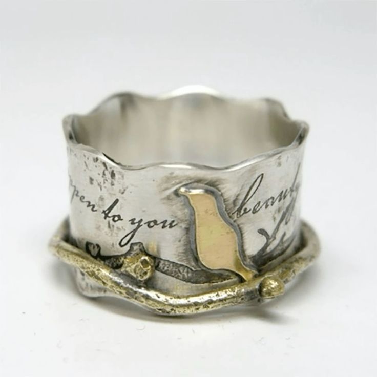 Vintage-Style Gold-Tone Bird Silver-Tone Ring