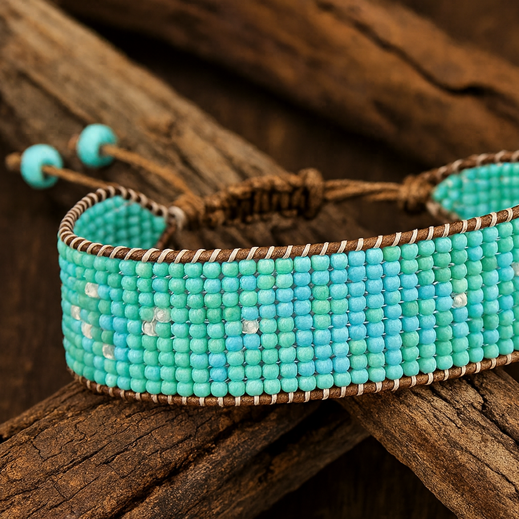 Wide Turquoise and White Glass Bead Cuff Bracelet