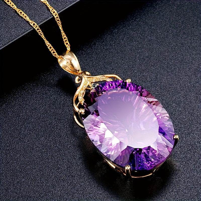 Purple Synthetic Zirconia Inlaid Oval Pendant Necklace